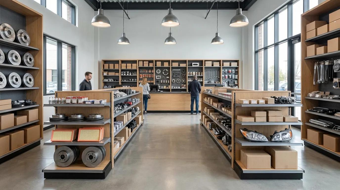 Automotive parts store with OEM parts on shelves