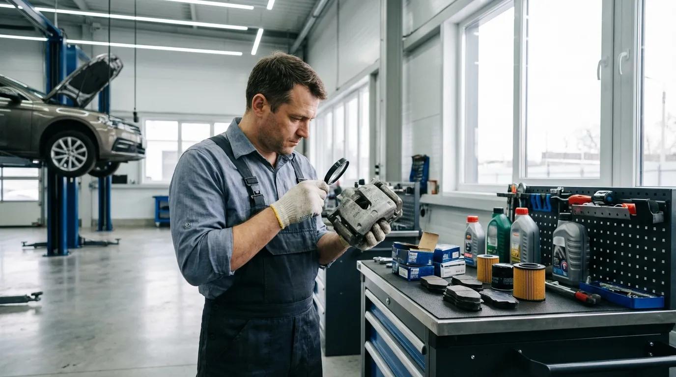 Mechanic inspecting automotive parts in service bay